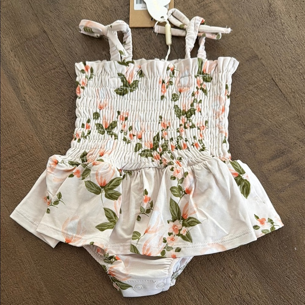 Angel Dear Cream Floral Smocked Baby Romper with Peach Accents